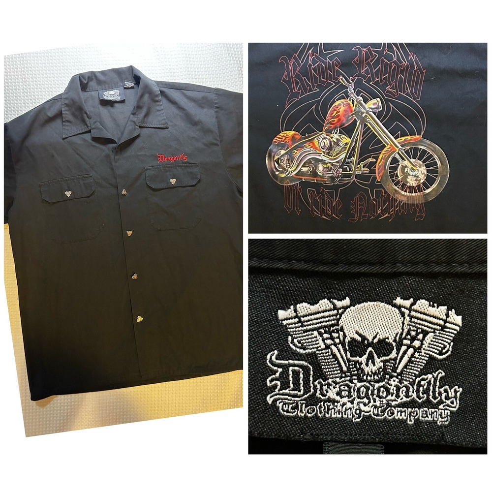 Dragonfly Clothing Men's Large Embroidered Chopper bike button up short sleeved